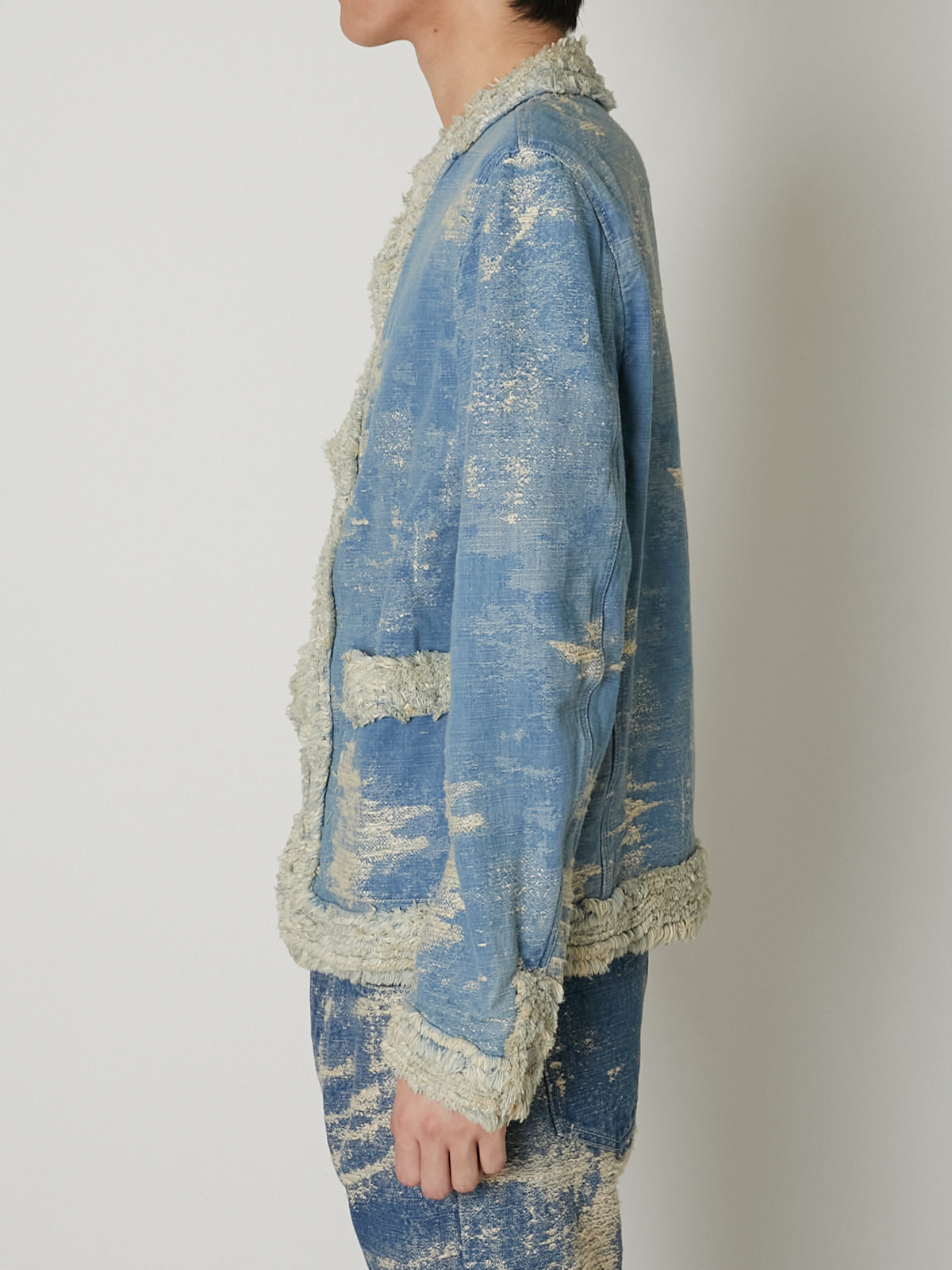 TAAKK DENIM COLLARLESS JACKET INDIGO BLEACH TAAKK DENIM COLLARLESS JACKET INDIGO BLEACH
