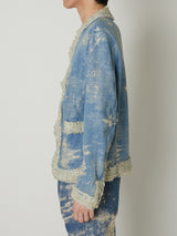 TAAKK DENIM COLLARLESS JACKET INDIGO BLEACH