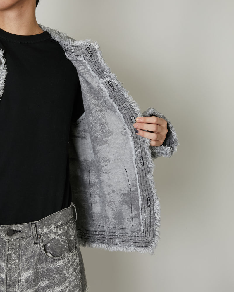 TAAKK DENIM COLLARLESS JACKET BLACK BLEACH