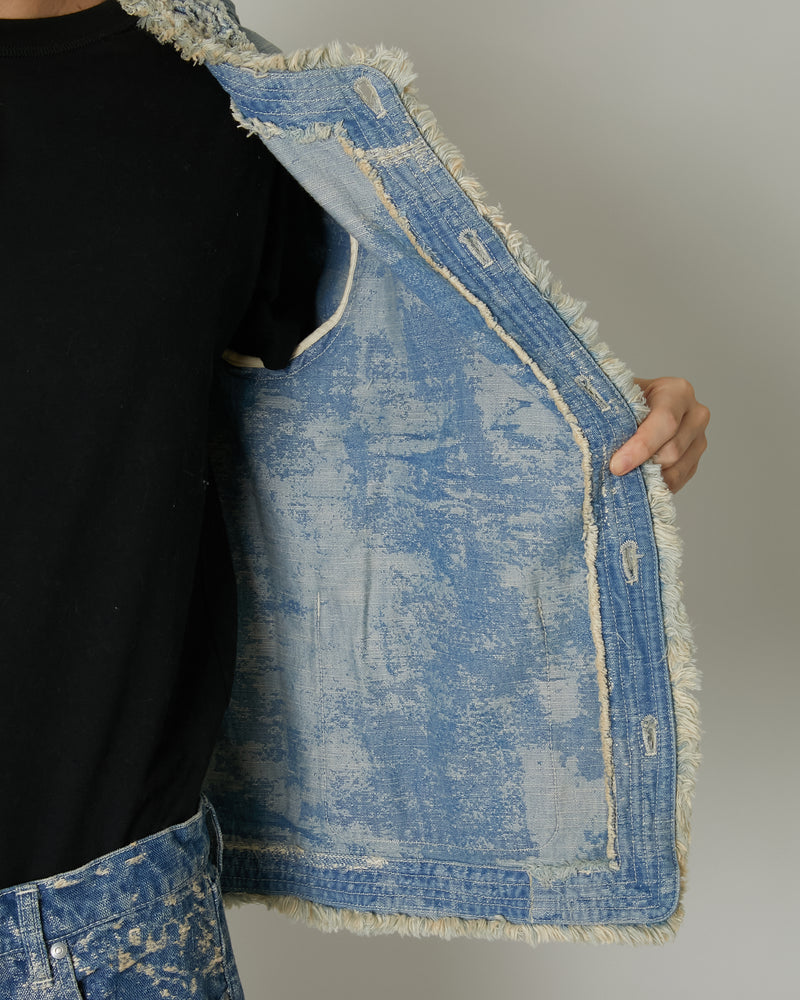 TAAKK DENIM COLLARLESS JACKET INDIGO BLEACH