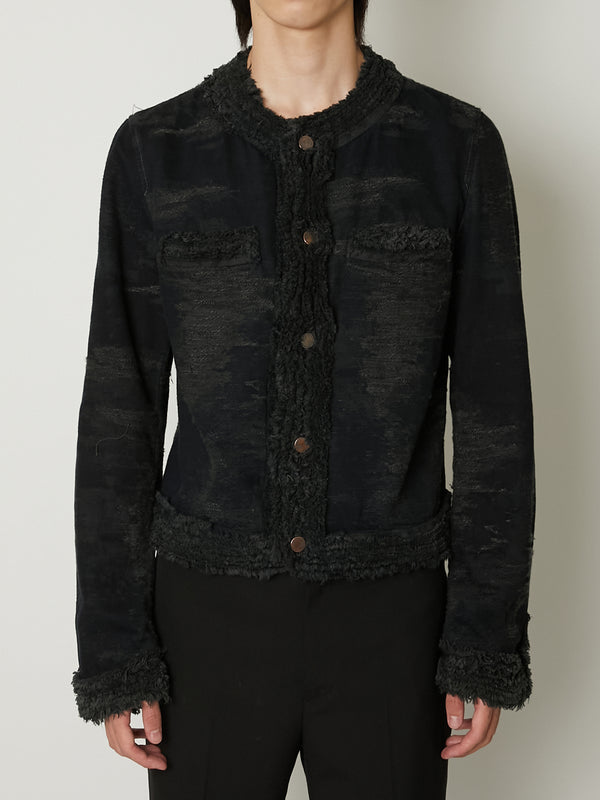 TAAKK DENIM COLLARLESS JACKET  BLACK BLEACH