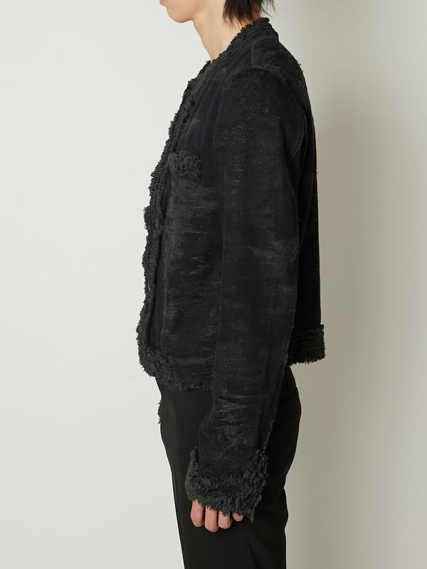 TAAKK DENIM COLLARLESS JACKET  BLACK BLEACH