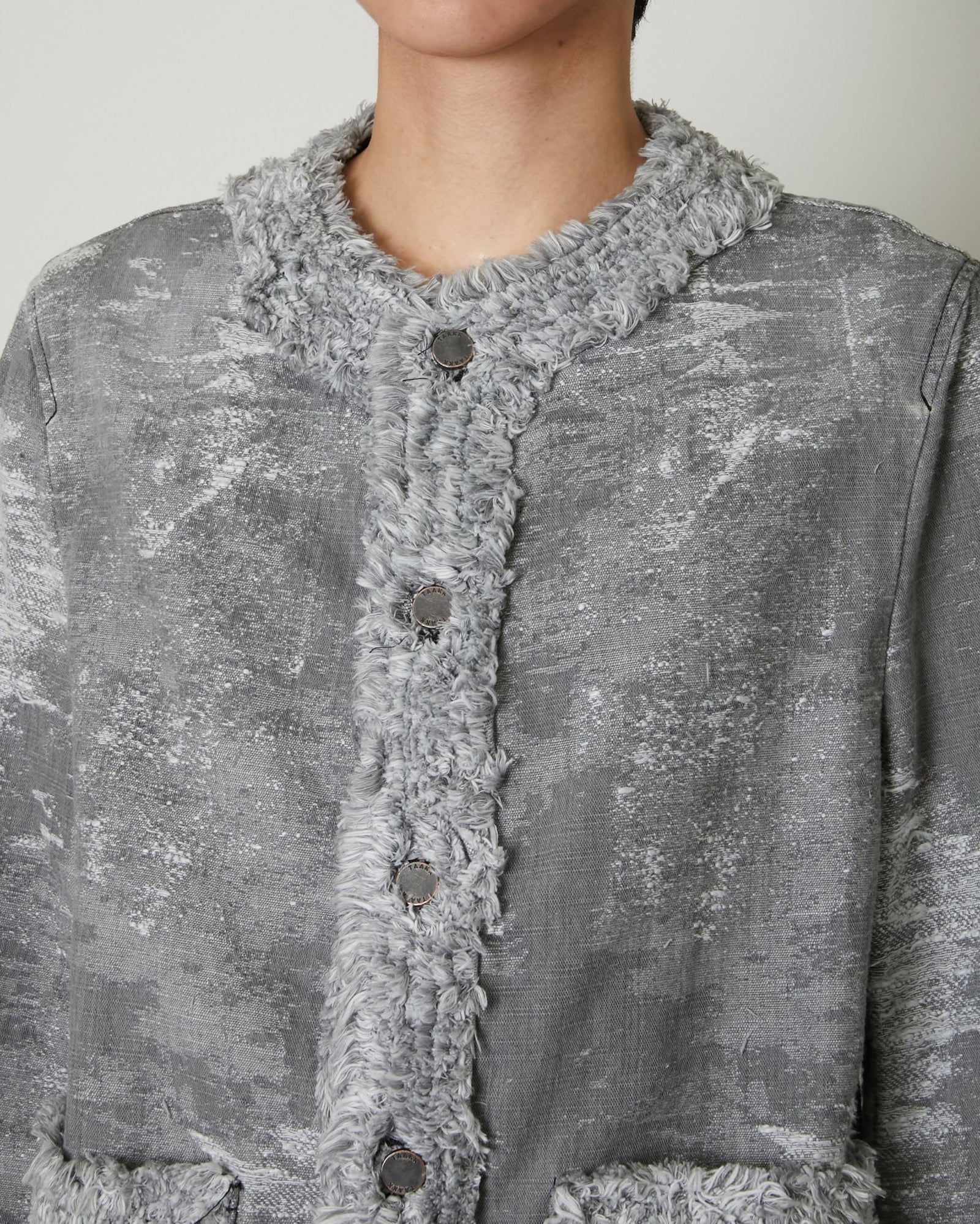 TAAKK グラデーション ノーカラージャケット TAAKK DENIM COLLARLESS JACKET BLACK BLEACH
